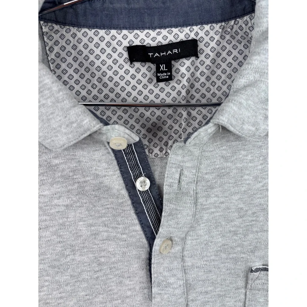 Tahari Mens XL Short Sleeve Polo Shirt Heather Gray Cotton Pocket Jersey Knit